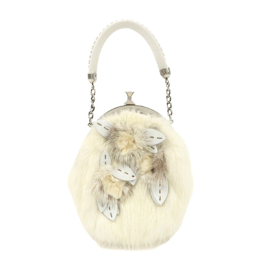FENDI Seleria Leather Fur Flower Motif Kiss Lock Pouch Hand Bag 8BK048