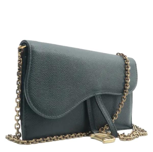 CHRISTIAN DIOR Long Saddle Leather Crossbody Chain Wallet Black