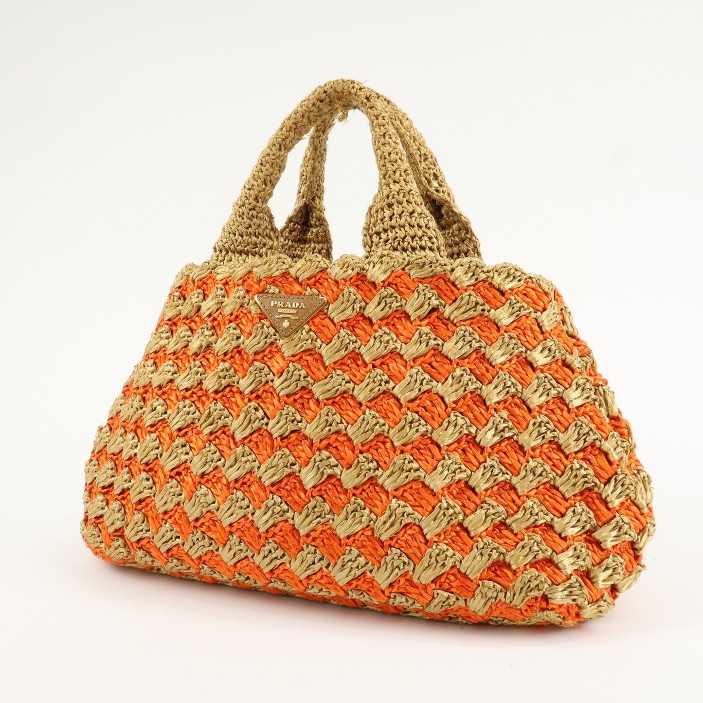 PRADA Triangl Logo Braded Tote Bag Hand Bag Orange Beige