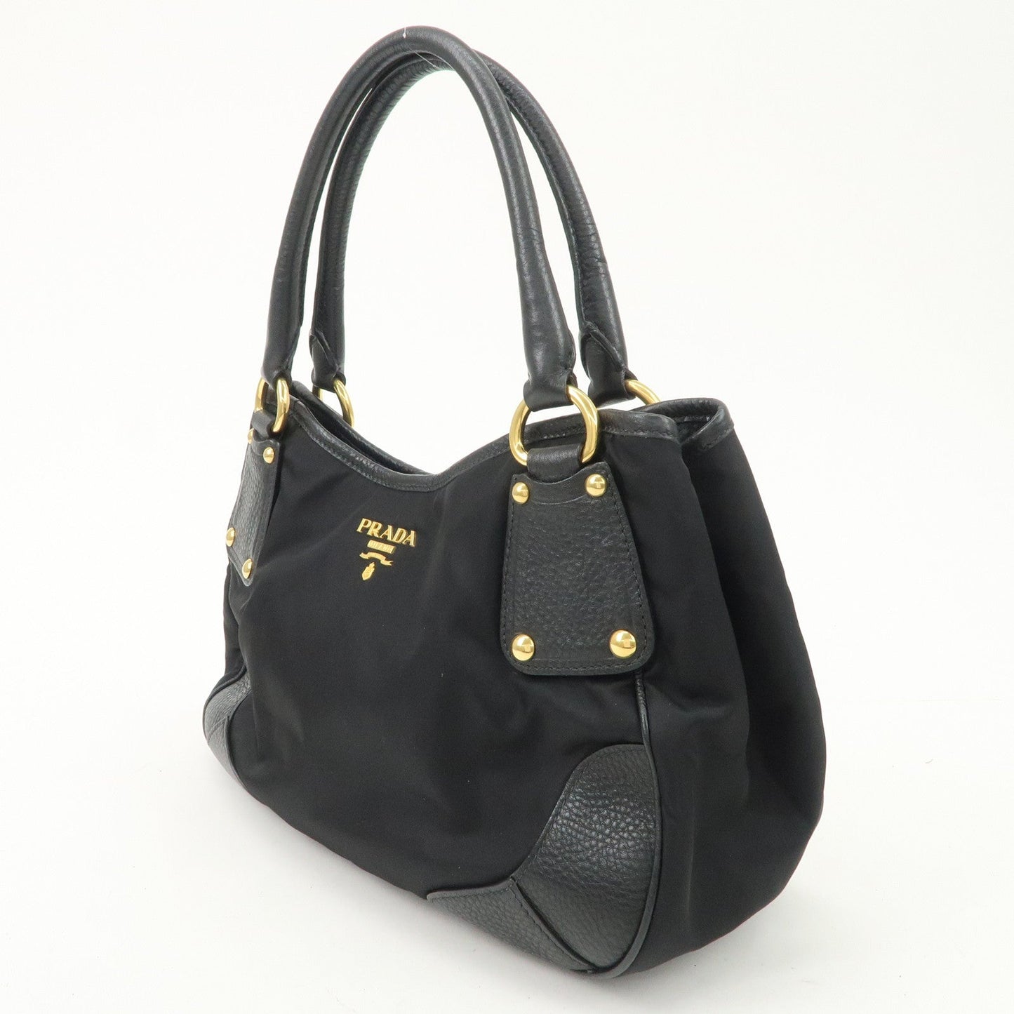 PRADA Nylon Leather Tote Bag Shoulder Bag Black Gold HDW BR4635