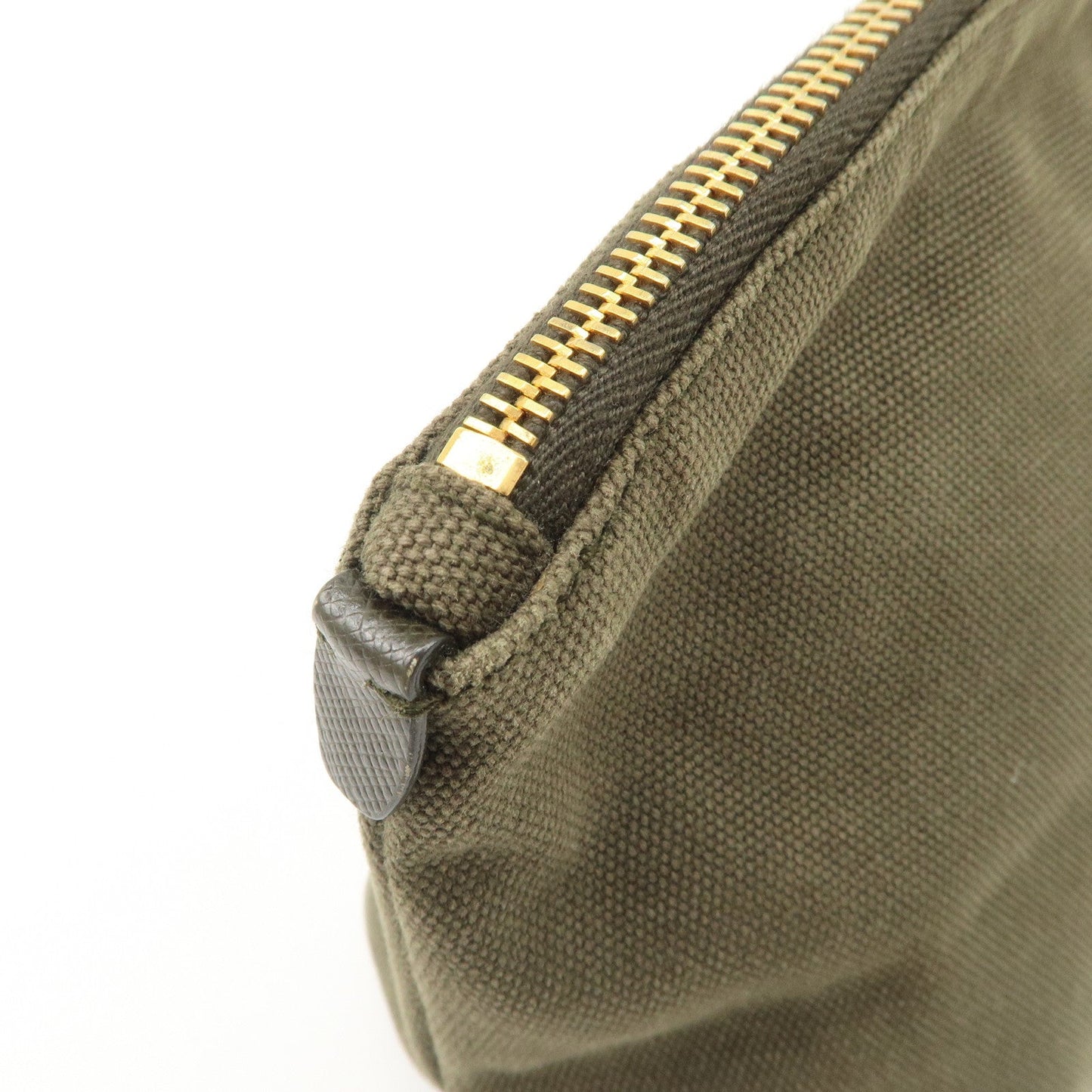 PRADA Triangle Logo Canvas Leather Cosmetic Pouch Khaki 1N1857