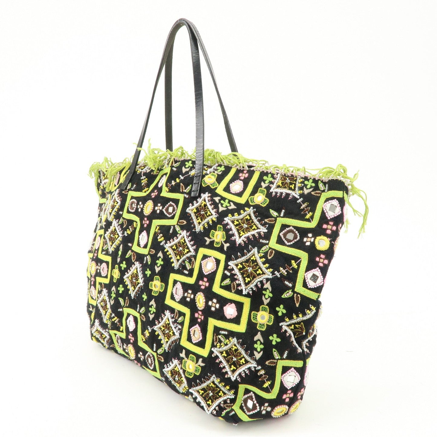 FENDI Canvas Leather Beaded Embroidery Tote Bag Hand Bag Black