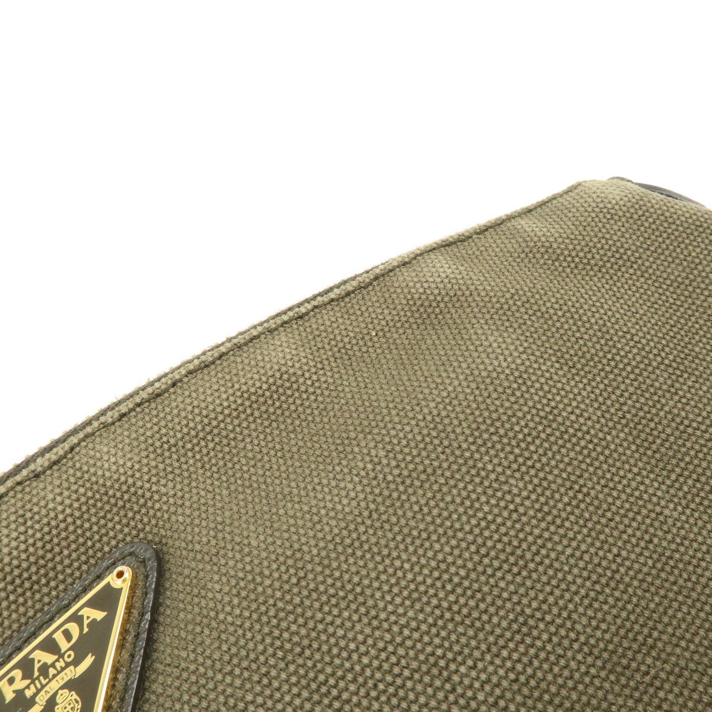 PRADA Triangle Logo Canvas Leather Cosmetic Pouch Khaki 1N1857