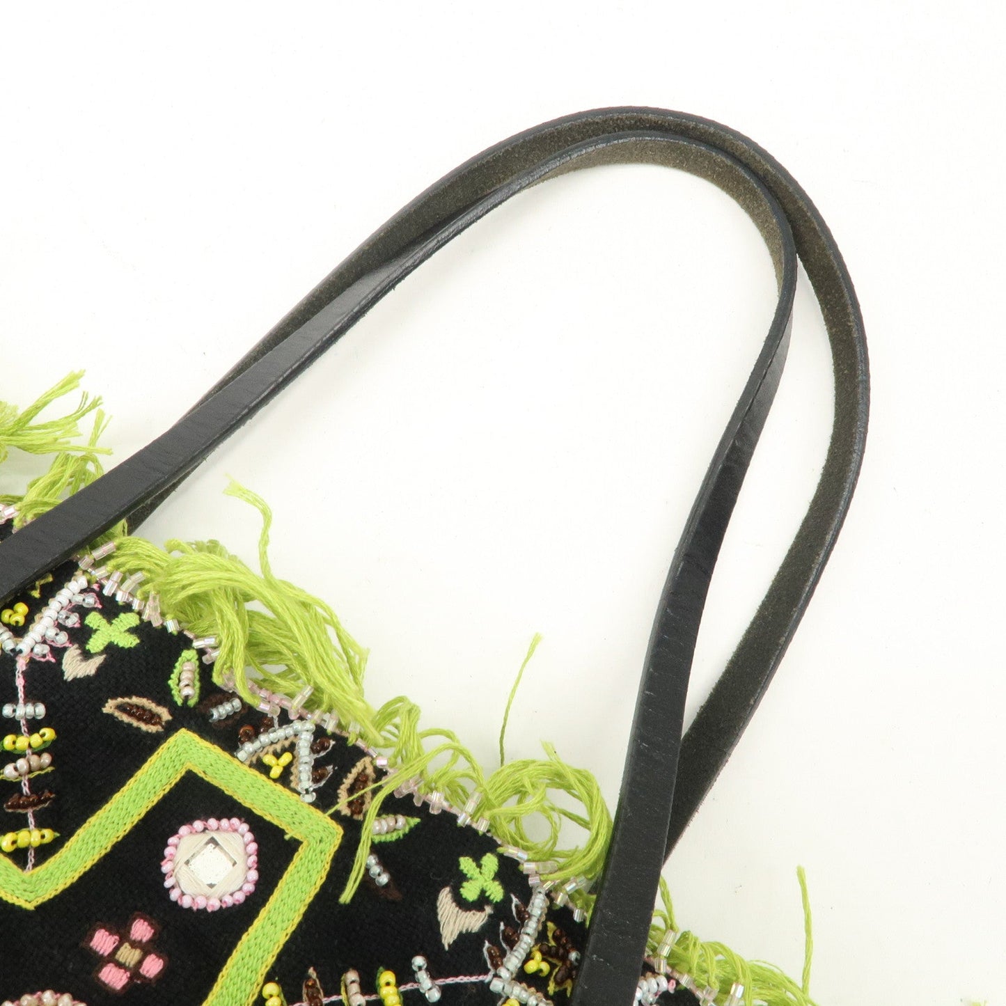 FENDI Canvas Leather Beaded Embroidery Tote Bag Hand Bag Black
