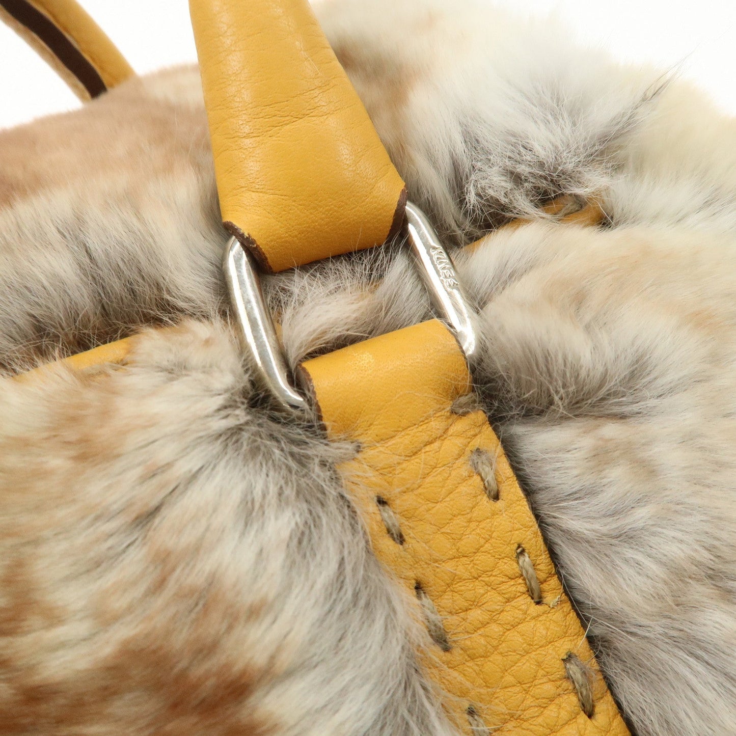 FENDI Seleria Leather Fur Mini Linda Hand Bag Brown White 8BR486