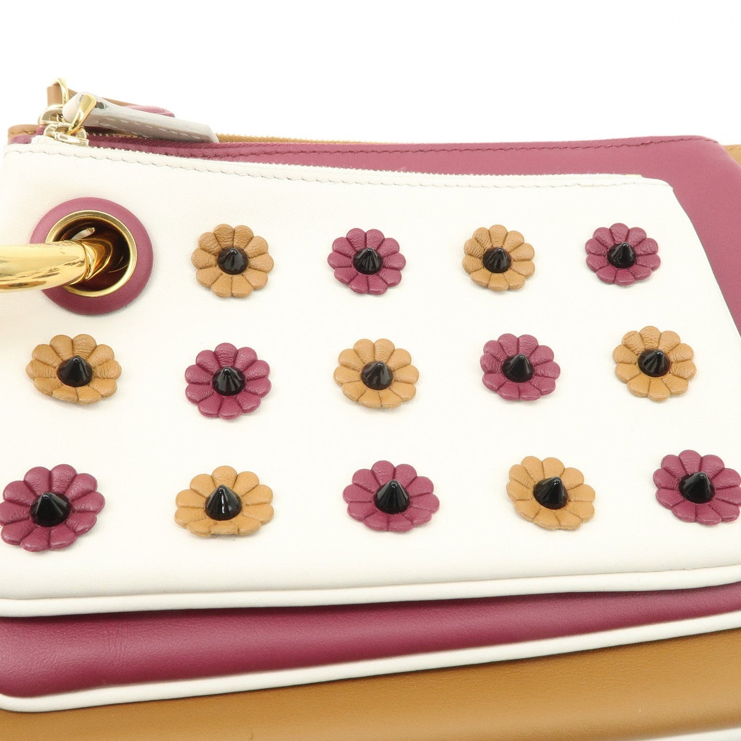 FENDI Leather Flower Studs Triplet Pouch Hand Bag 8BS001