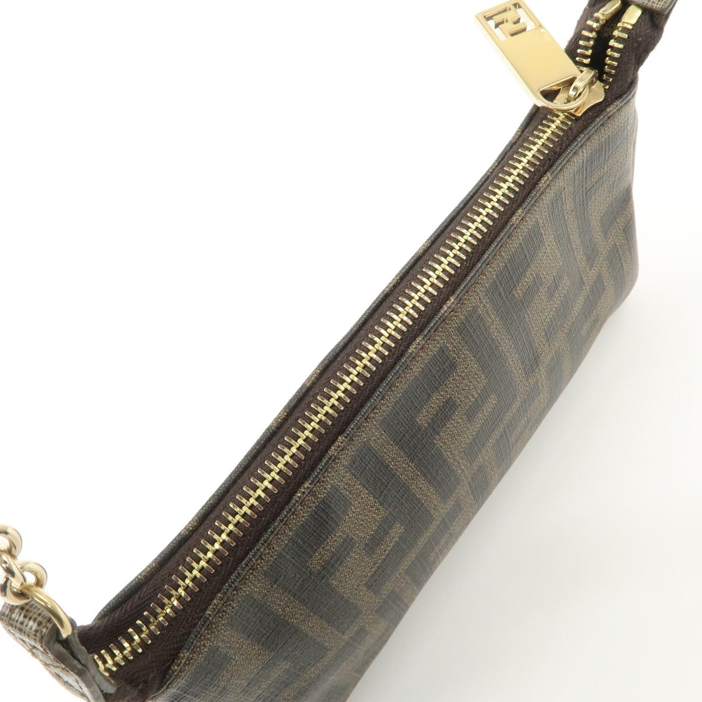 FENDI Zucca PVC Leather Chain Accessory Pouch Hand Bag Brown 8M0264