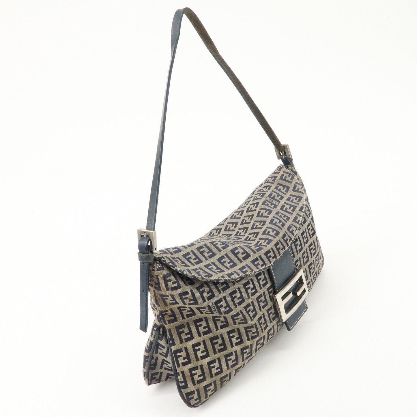 FENDI Zucchino Canvas Leather Shoulder Bag Hand Bag Grey Navy 26796
