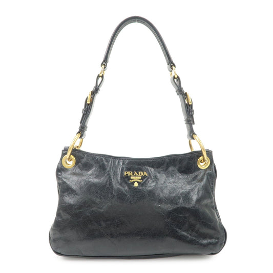 PRADA Logo Leather Shoulder Bag Hand Bag Gold Hardware Black