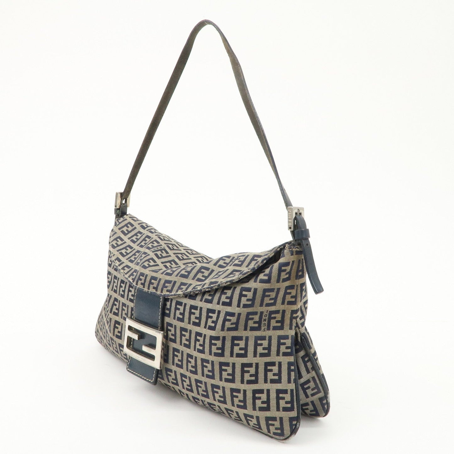 FENDI Zucchino Canvas Leather Shoulder Bag Hand Bag Grey Navy 26796
