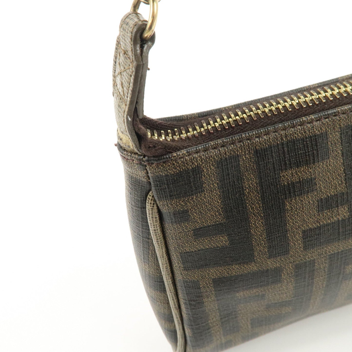 FENDI Zucca PVC Leather Chain Accessory Pouch Hand Bag Brown 8M0264
