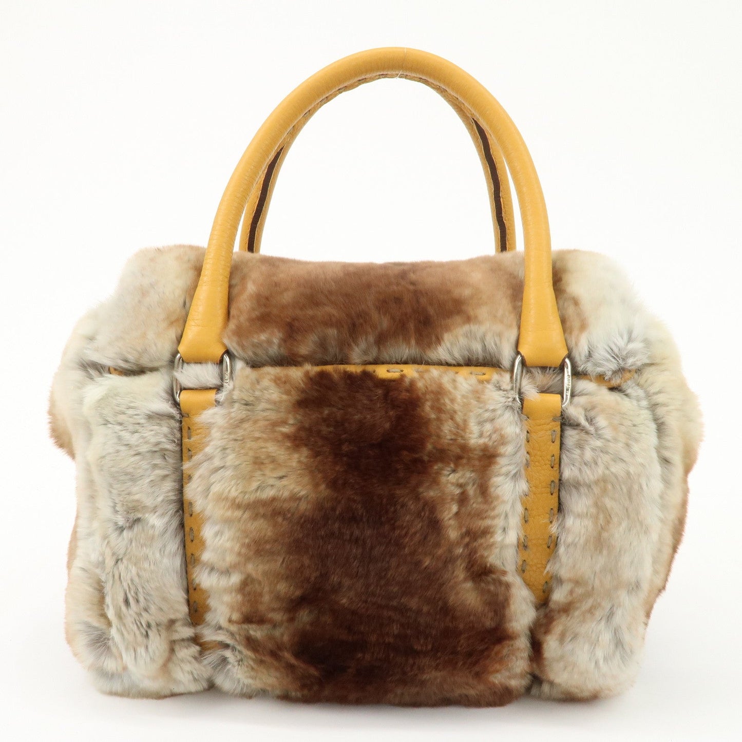 FENDI Seleria Leather Fur Mini Linda Hand Bag Brown White 8BR486