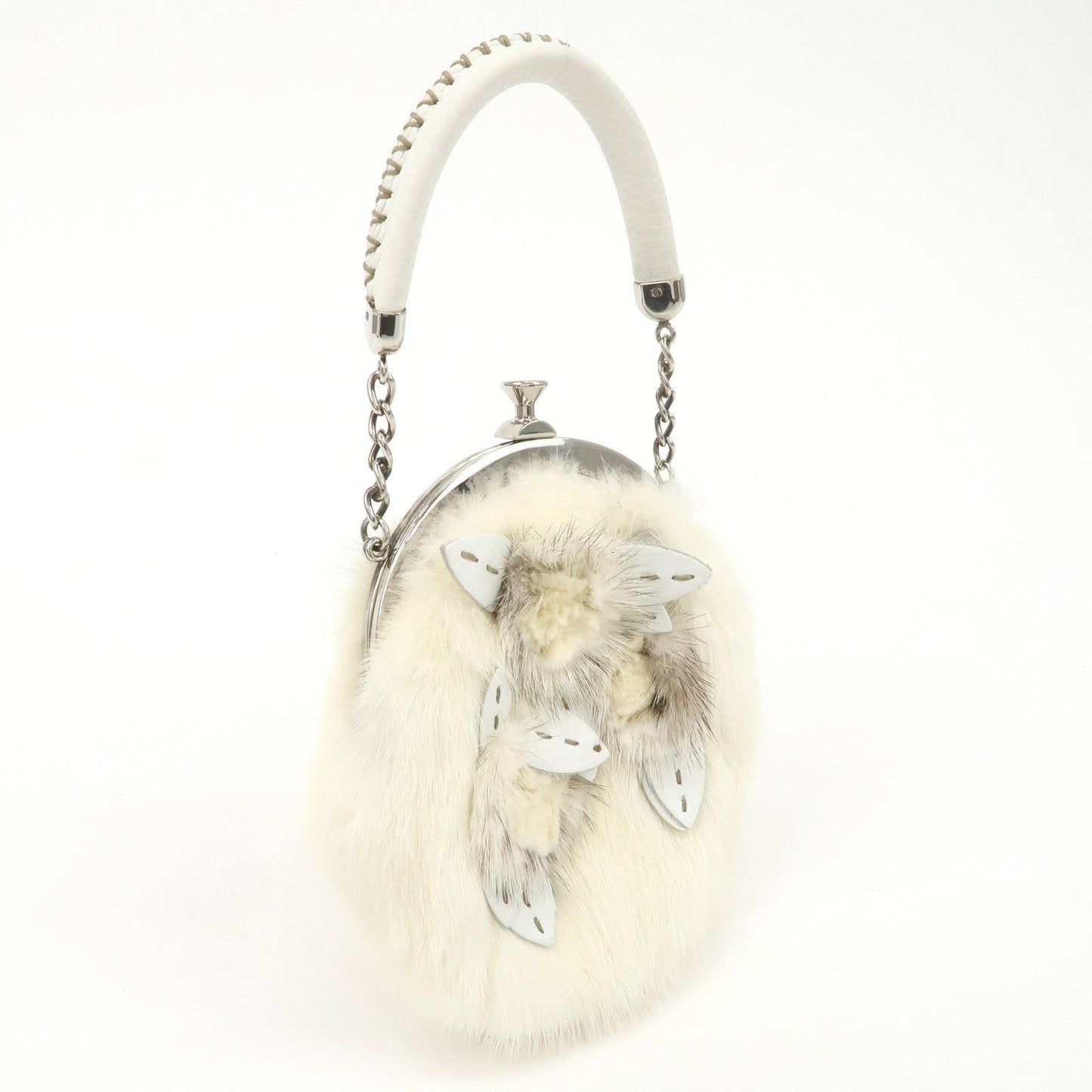 FENDI Seleria Leather Fur Flower Motif Kiss Lock Pouch Hand Bag 8BK048