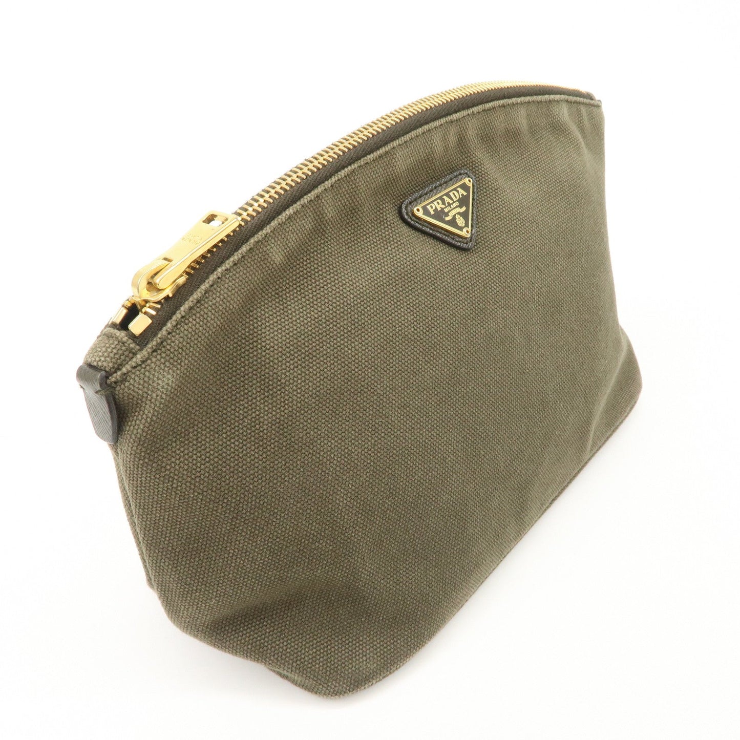 PRADA Triangle Logo Canvas Leather Cosmetic Pouch Khaki 1N1857