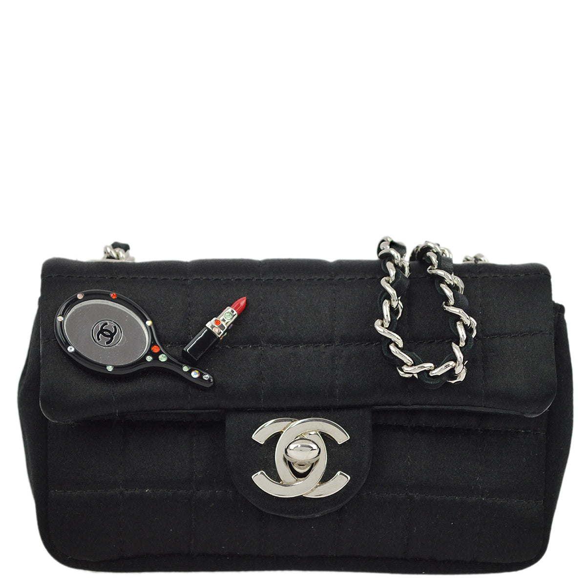 Chanel Black Satin Choco Bar Single Chain Shoulder Bag