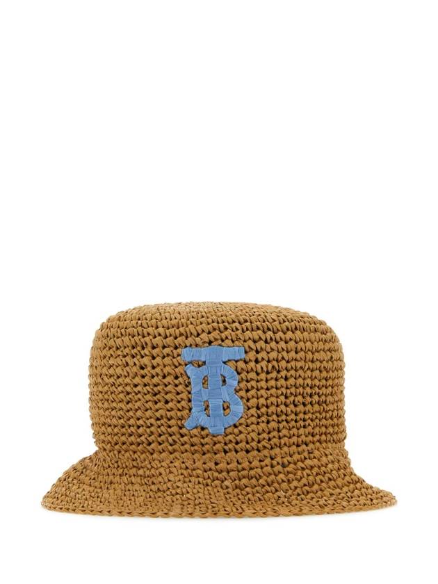 Luxury Burberry Monogram Motif Raffia Effect Bucket Hat Beige