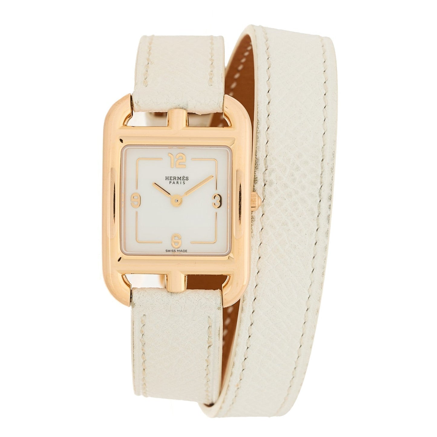 Hermes 18K Rose Gold Epsom 23mm Cape Cod Double Tour Quartz Watch Blanc
