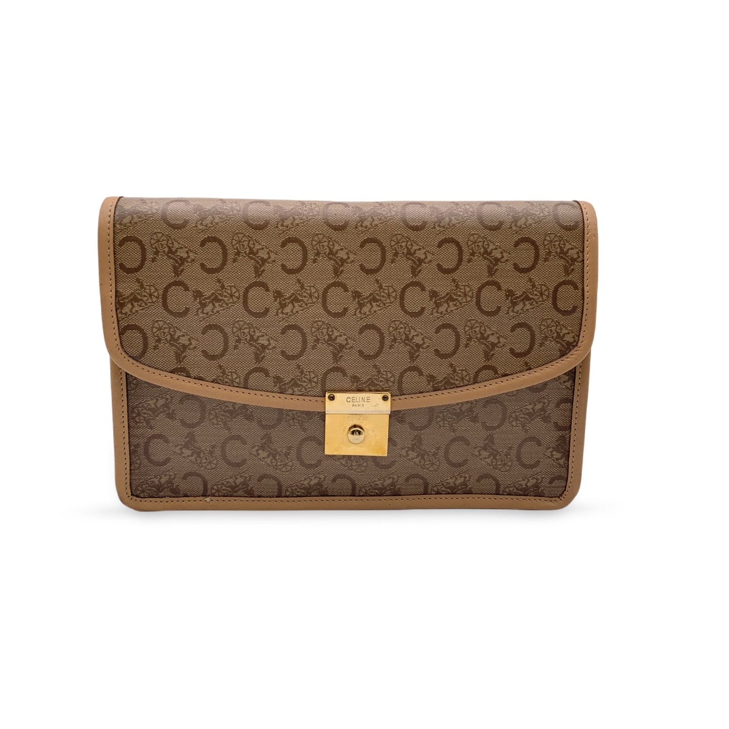 Luxury CELINE Vintage Beige Vinyl C Macadam Canvas Clutch Bag Purse
