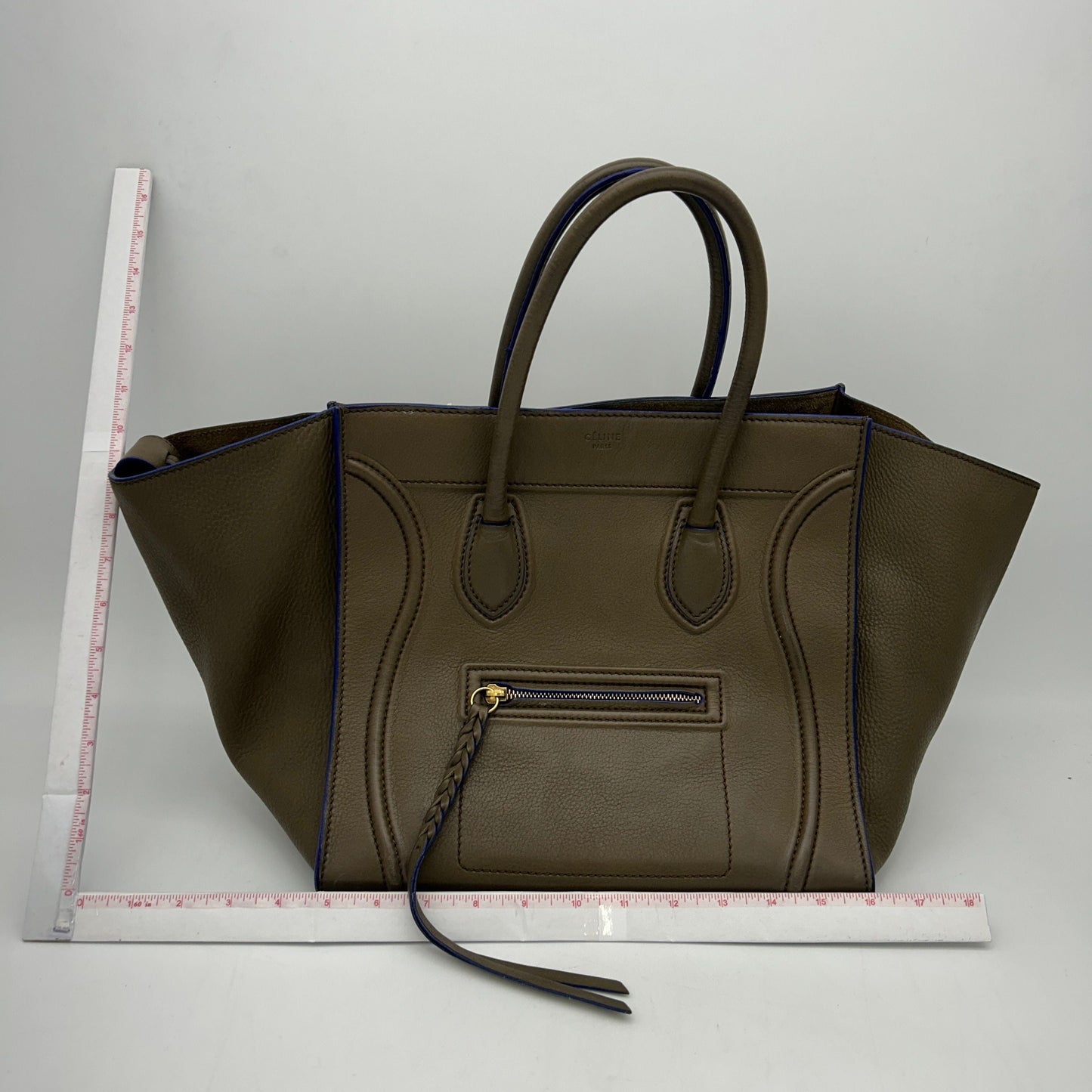 Luxury CELINE Smooth Calfskin Medium Phantom Luggage Khaki Cobalt Trim LA22130