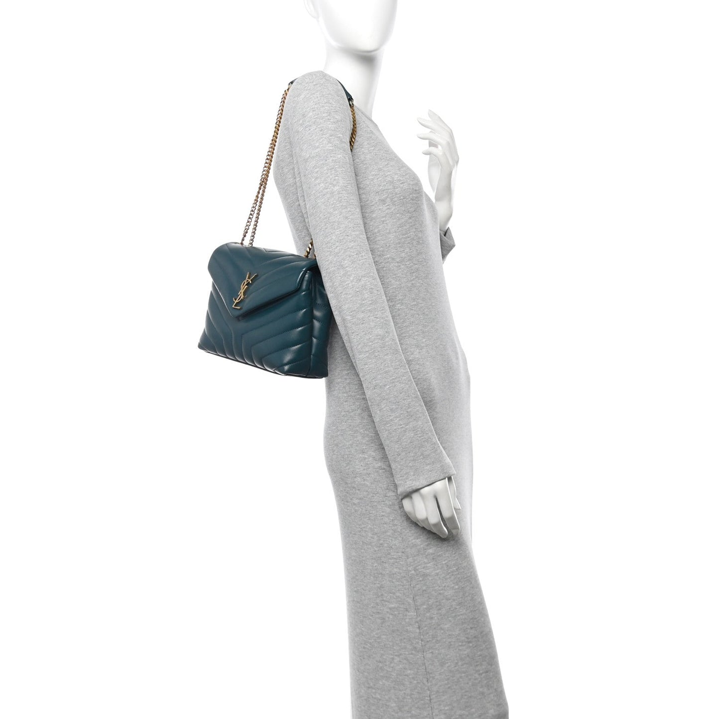 Saint Laurent Calfskin Y Quilted Monogram Small Loulou Chain Satchel Sea Turquoise