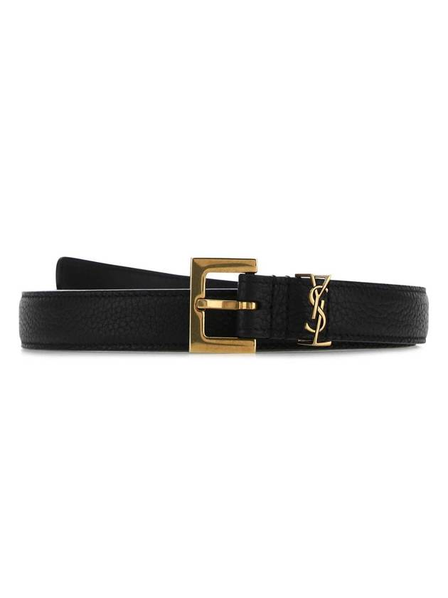 Luxury Saint Laurent Trending 2025 Cassandre Grained Leather Square Buckle Thin Belt Black