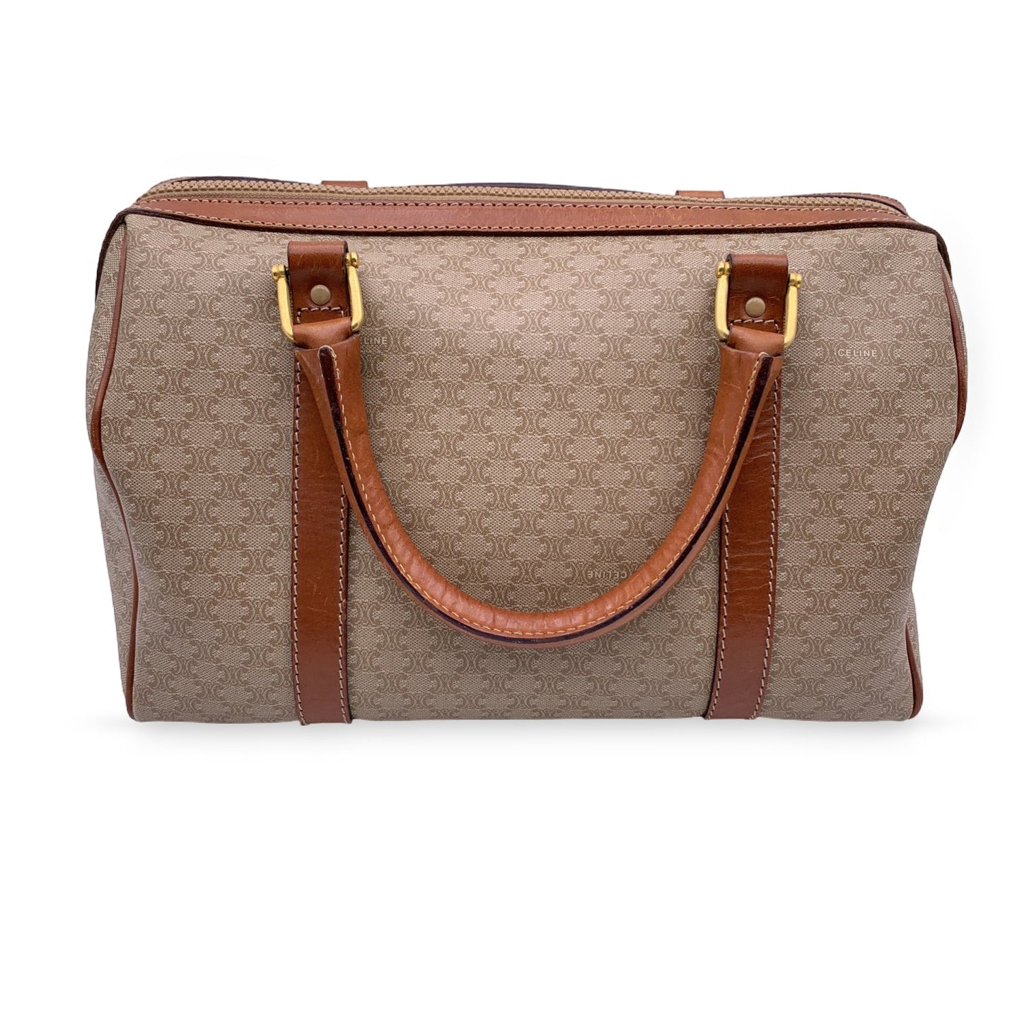 Luxury CELINE Vintage Beige Macadam Canvas Duffel Duffle Boston Bag