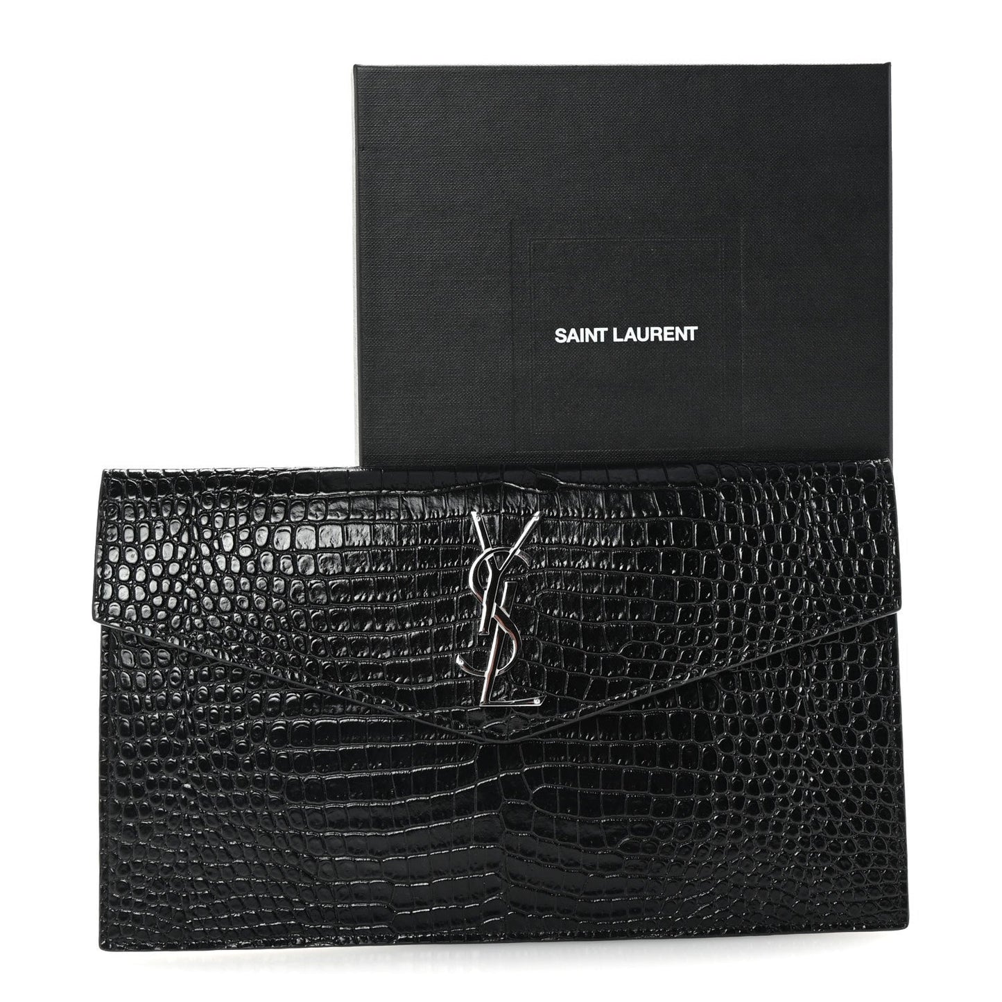Saint Laurent Calfskin Crocodile Embossed Uptown Monogram Clutch Black