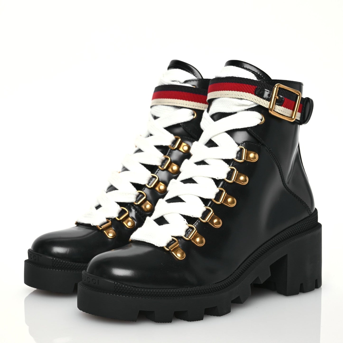 Gucci Calfskin Sylvie Web Womens Lace Up Combat Boots 35 Black
