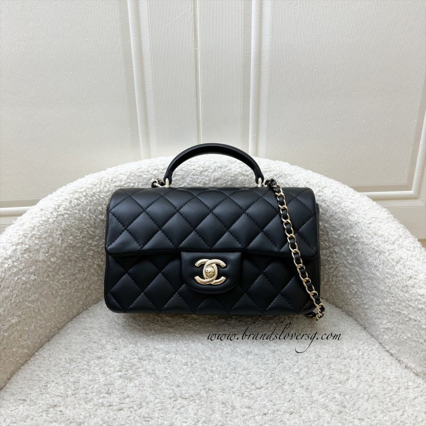 Chanel Classic Top Handle Mini Rectangle Flap in Black Lambskin and LGHW (Model: AS2431) Handbag