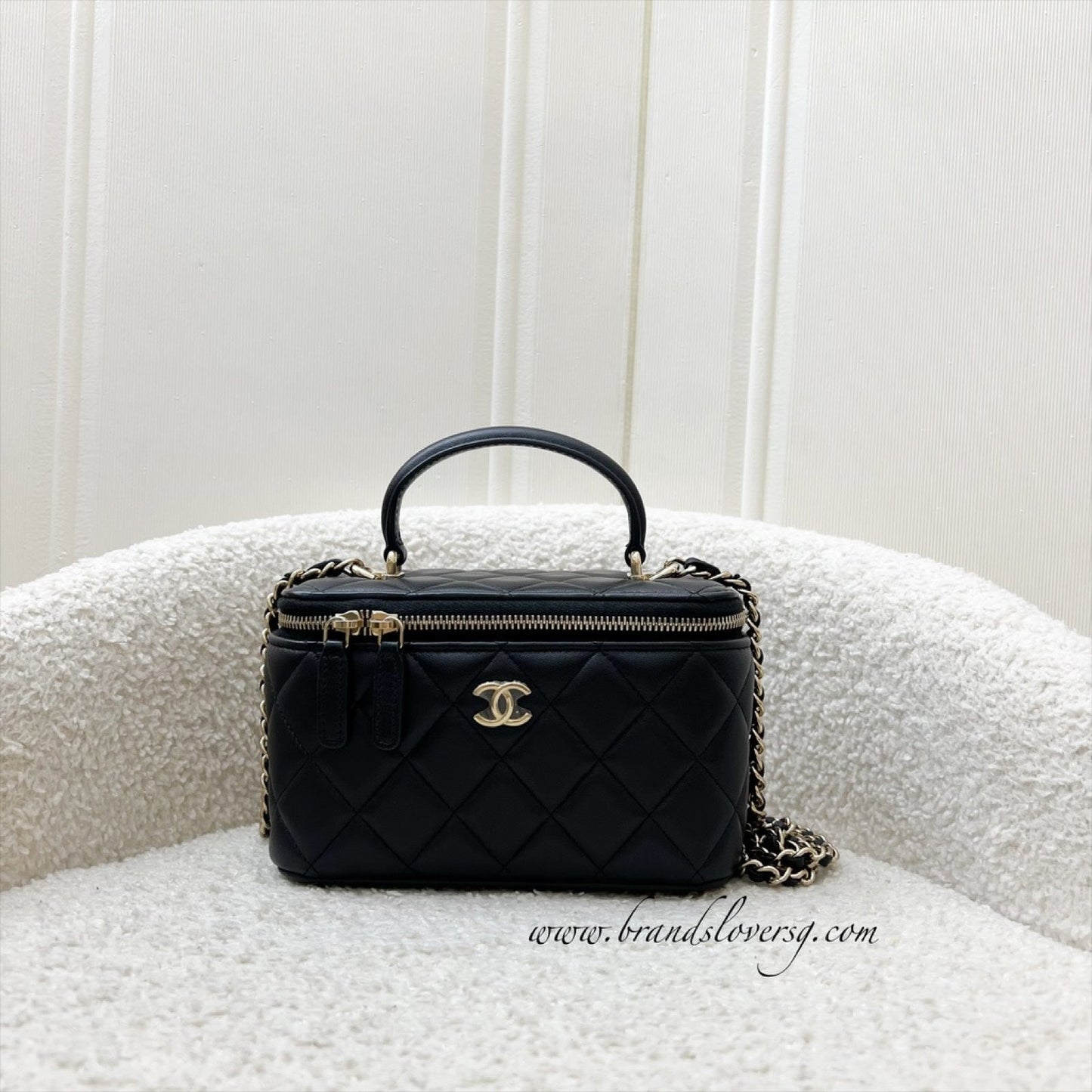 Chanel Top Handle Small Vanity in Black Lambskin and LGHW (Model: AP2199) Handbag