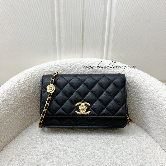 Chanel 23K Camellia Flower Wallet on Chain WOC in Black Caviar and AGHW (AP3580) Crossbody