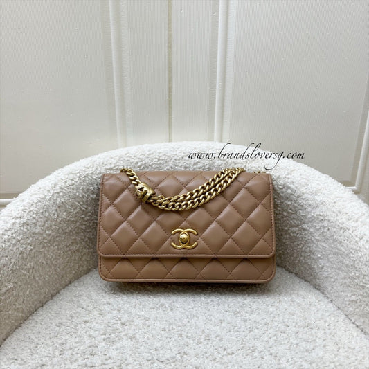 Chanel 22K Wallet on Chain WOC with Adjustable Chain in Dark Beige Lambskin and AGHW (Model: AP3043) Crossbody