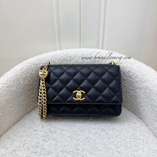 Chanel 24P Heart Adjustable Wallet on Chain WOC in Black Caviar and AGHW (Model: AP3201) Crossbody