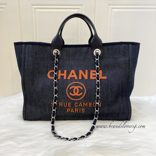 Chanel Medium / Large Deauville Tote in Fabric, Navy Leather Trim and SHW (Model: A66941)