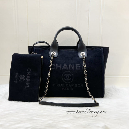 Chanel Small Deauville Shopping Tote in Black Fabric, Black Leather and LGHW