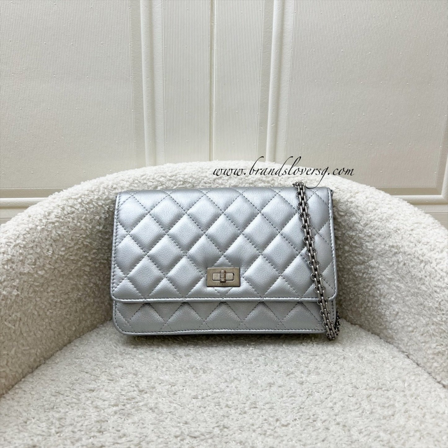 Chanel Reissue Wallet on Chain WOC in Metallic Silver Calfskin and SHW Crossbody