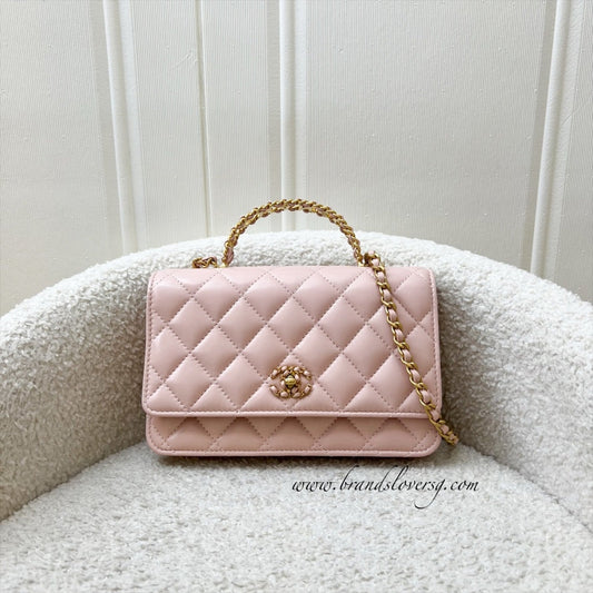 Chanel 24C Top Handle Wallet on Chain WOC in Rose Clair Pink Lambskin and AGHW (Model: AP3664) Crossbody