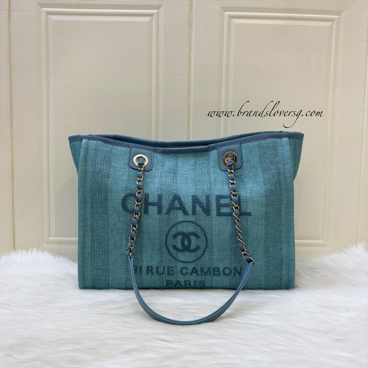 Chanel Small / Medium Deauville Tote in Green / Turquoise Fabric and LGHW (Model: A67001)