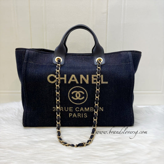 Chanel Large Deauville Tote in Navy Fabric, Glittery Threading and LGHW (Model: A66941)