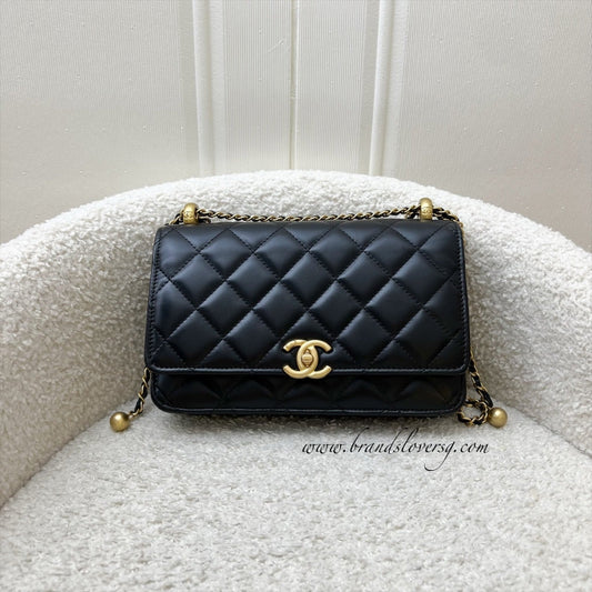 Chanel 24C Double Pearl Adjustable Chain Wallet on Chain WOC in Black Calfskin and AGHW (Model: AP2289) Crossbody