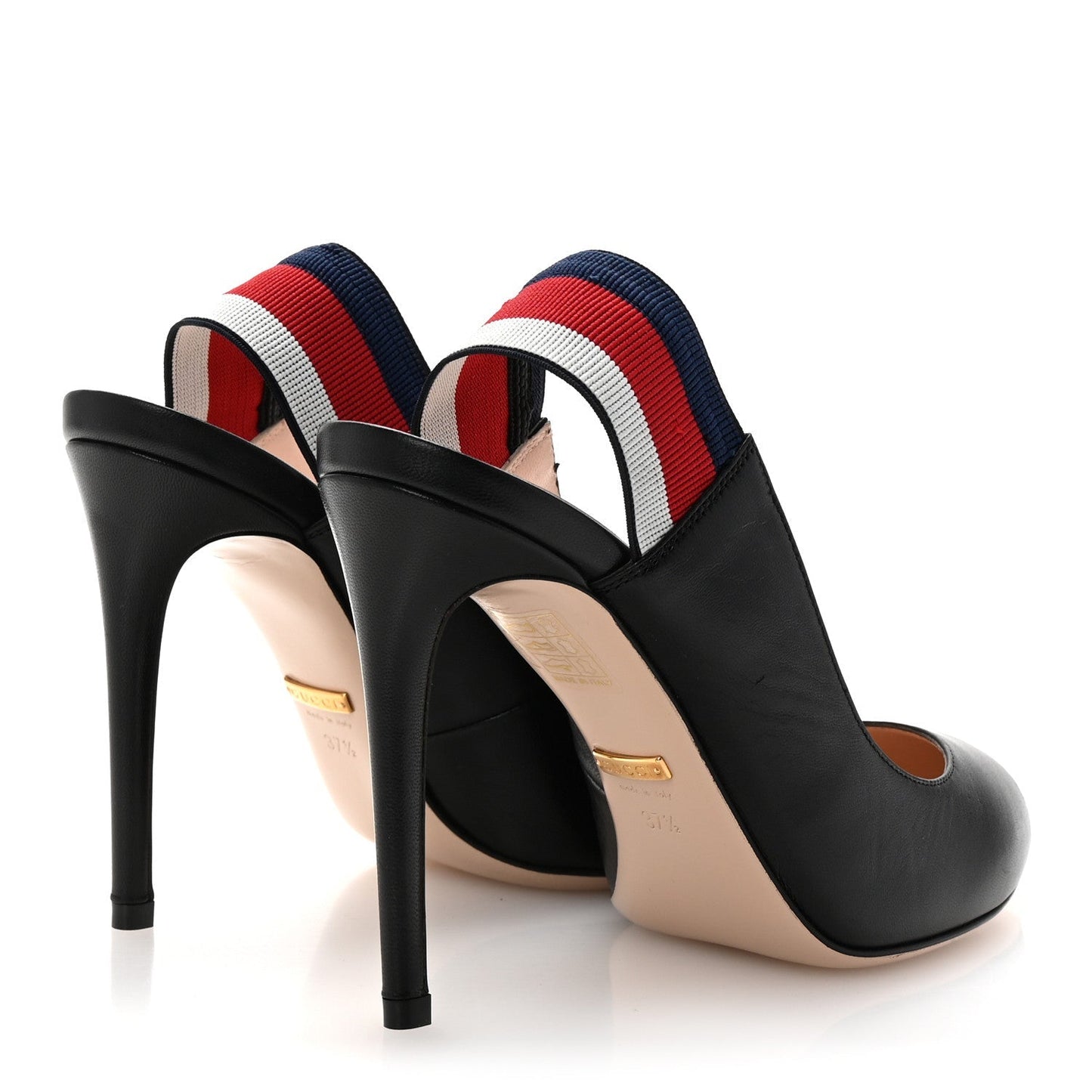 Gucci Malaga Kid Web Sylvie High Heel Slingback Pumps 37.5 Black