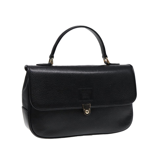 Luxury BurberrySs Hand Bag Leather Black Gold Auth ep5473