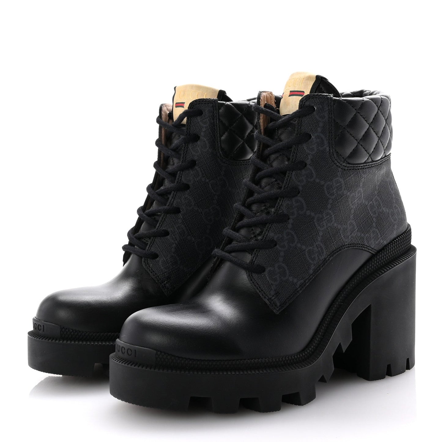 Gucci Apollo Calfskin GG Supreme Nappa Samoa Quilted Lace Up Ankle Boots 35 Black