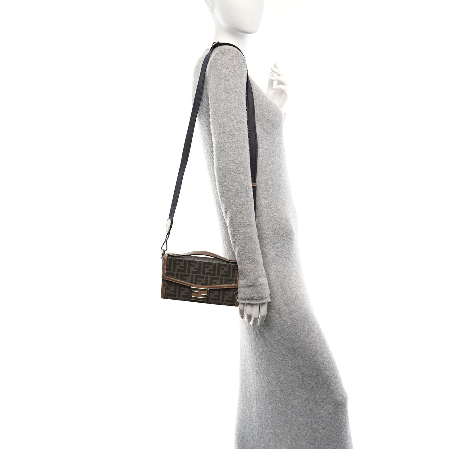 Fendi Recycled Fabric Jacquard Vitello King FF 1974 Baguette Soft Trunk Phone Pouch Tobacco Moro Sand