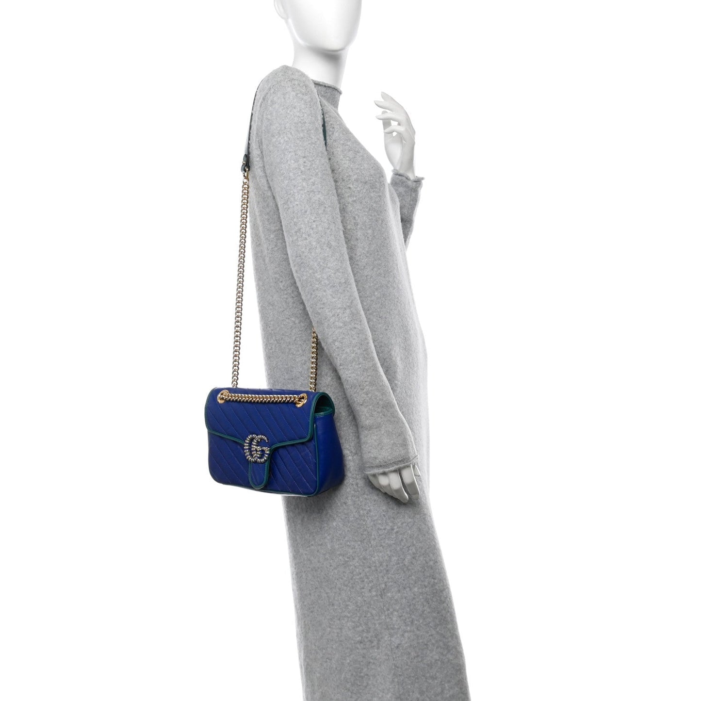 Gucci Azalea Calfskin Enamel Matelasse Diagonal Small Torchon GG Marmont Shoulder Bag Imperial Blue Pavone