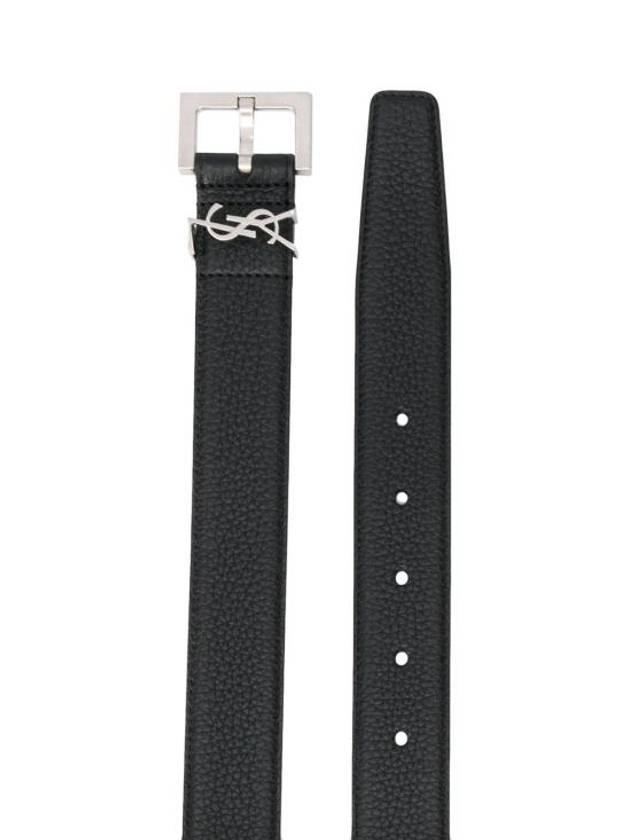 Luxury Saint Laurent Trending 2025 Grained Leather Silver Monogram Belt Black