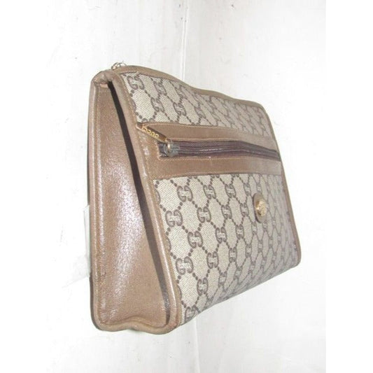 Gucci Webby Vintage Brown Coated Canvas With Plus Print & Brown Leather Clutch