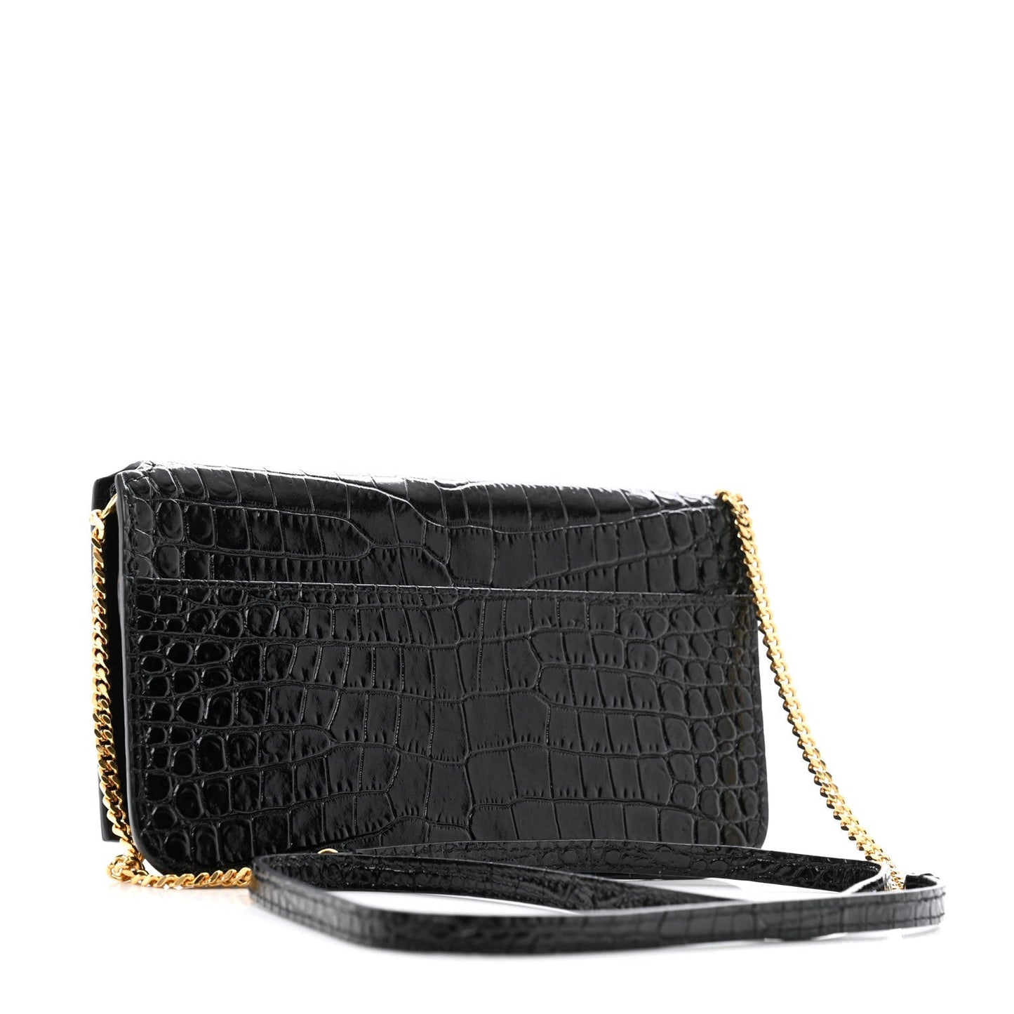 Saint Laurent Crocodile Embossed Monogram Phone Holder Crossbody Black