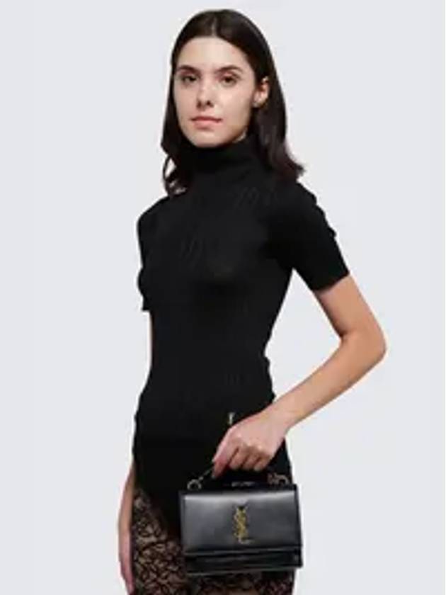Luxury Saint Laurent Trending 2025 Rib Silk Monogram Short Sleeve Turtleneck Black