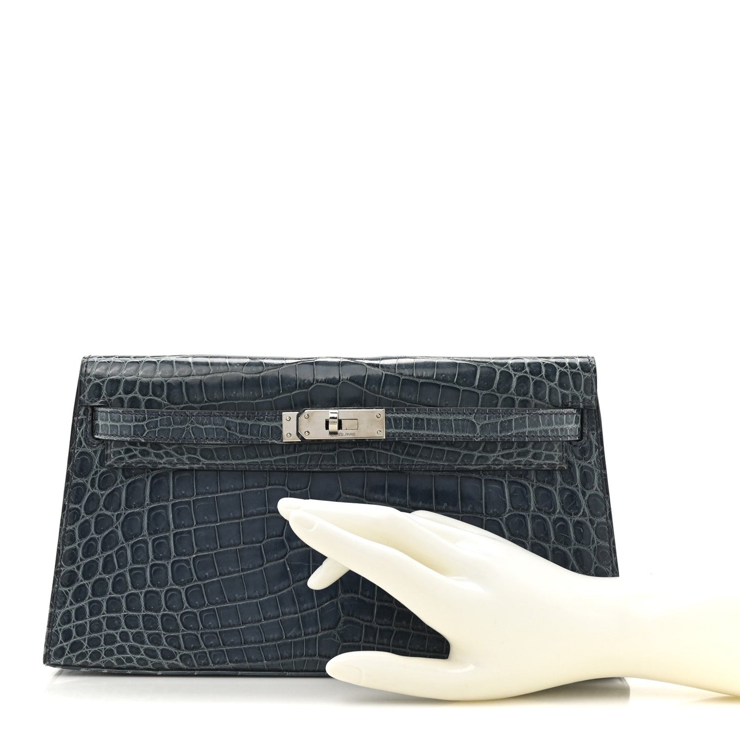 Hermes Shiny Niloticus Crocodile Kelly Elan Pochette Bleu Tempete